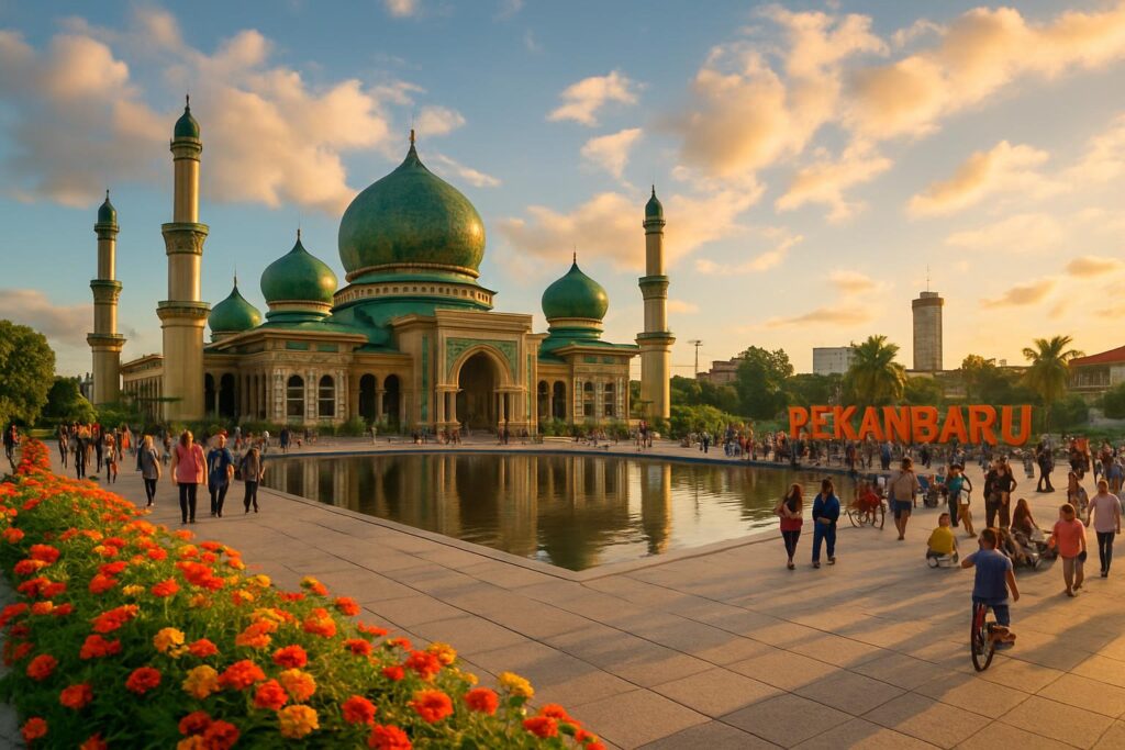 Pemandangan kota Pekanbaru dengan Masjid Raya An-Nur dan keramaian kota