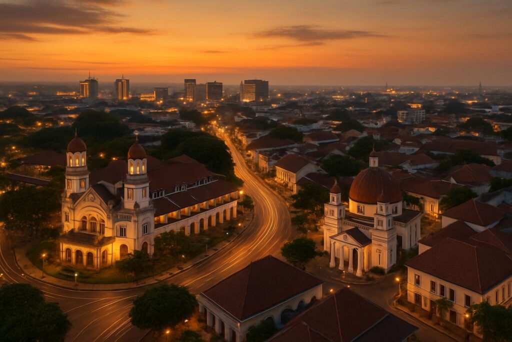 Pemandangan ikonik kota Semarang saat senja, dengan Lawang Sewu dan Kota Lama.