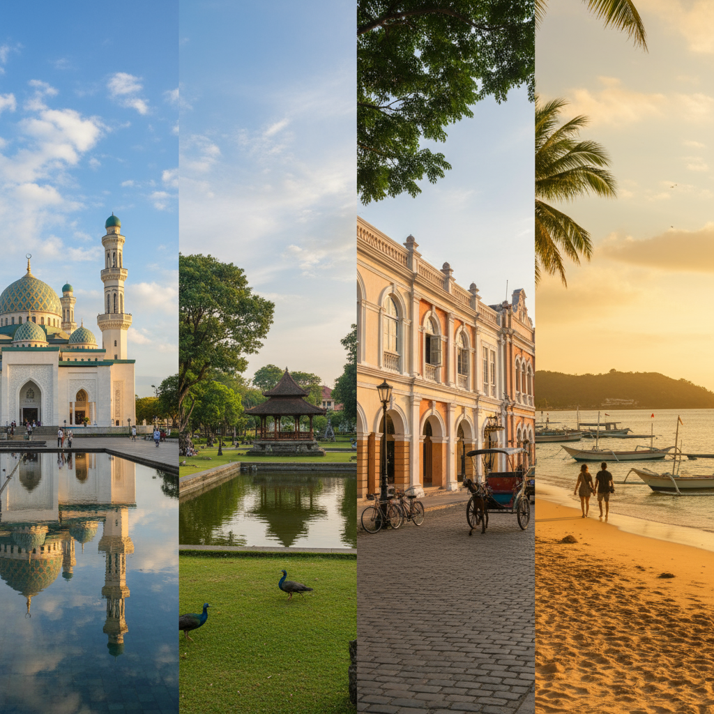 Pemandangan kolase destinasi wisata Mataram: Masjid Islamic Center, Taman Mayura, Kota Tua Ampenan, dan Pantai Loang Baloq saat matahari terbenam