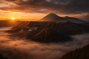 Keindahan matahari terbit di Gunung Bromo dengan lautan kabut dan kaldera