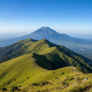 Puncak Gunung Merbabu dengan sabana hijau