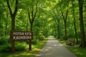 Hutan Kota Kaombona dengan pepohonan hijau.
