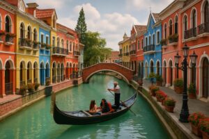 Bangunan-bangunan berwarna-warni dan gondola di kanal Little Venice Kota Bunga