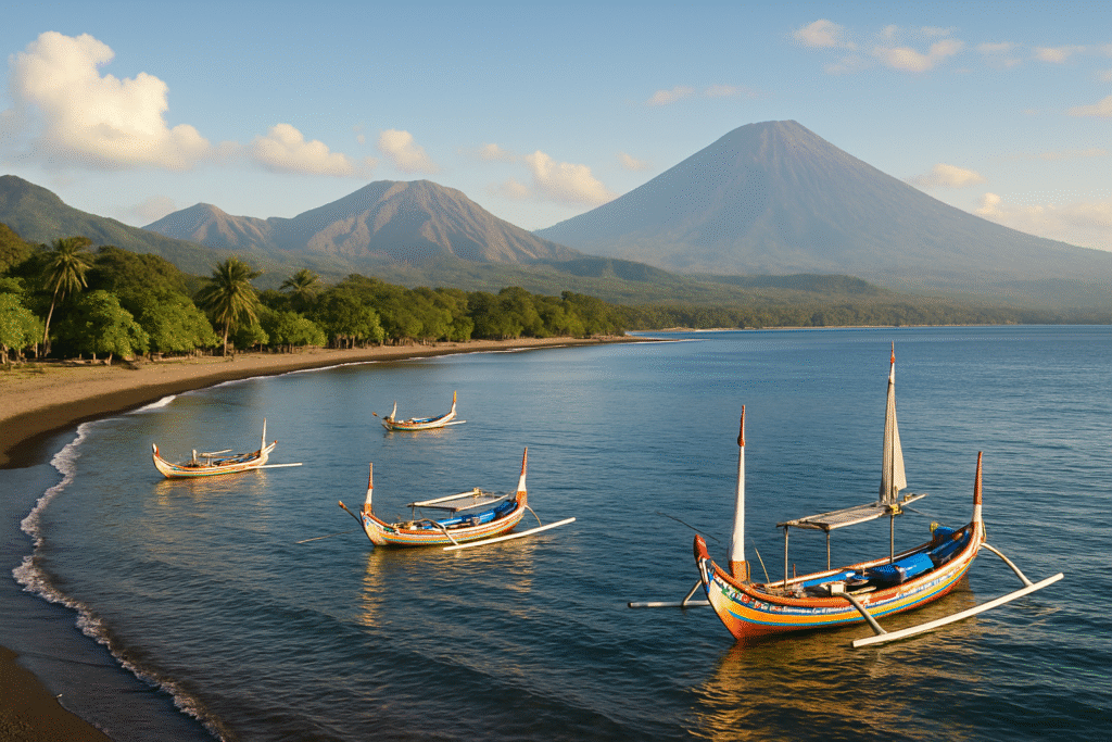 Pemandangan indah Probolinggo dengan gunung, pantai, dan perahu tradisional