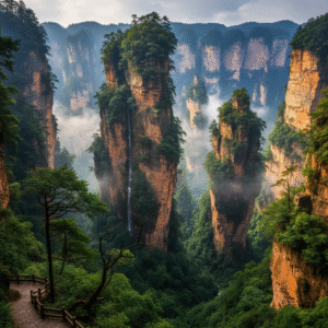 Pilar-pilar batu pasir menjulang tinggi di Zhangjiajie National Forest Park