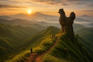 Formasi batu berbentuk jengger ayam di puncak Bukit Watu Jengger dengan pemandangan perbukitan hijau