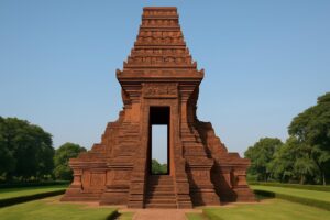 Gapura Candi Bajang Ratu peninggalan Kerajaan Majapahit dengan arsitektur bata merah yang megah