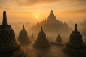Candi Borobudur yang megah saat matahari terbit, diselimuti kabut tipis, warna langit keemasan, suasana spiritual dan damai.