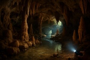 Interior Goa Pelintung dengan stalaktit dan stalakmit