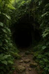 Pintu masuk Goa Tögindrawa yang misterius dikelilingi hutan tropis