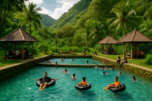 Kolam renang alami di Wisata Lembah Mbencirang dengan pengunjung menikmati aktivitas water tubing