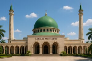 Masjid Raya Sabilal Muhtadin, Banjarmasin, dengan kubah hijau dan menara.