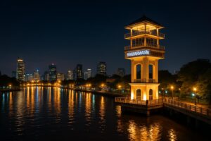Menara Pandang Banjarmasin di malam hari dengan pemandangan kota yang bercahaya