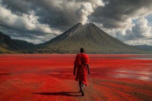 Pemandangan Gunung Ol Doinyo Lengai dengan pemandu Maasai dan Danau Natron di latar depan.