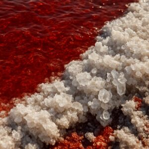 Close-up air Danau Natron berwarna merah dengan kristal garam di tepian.