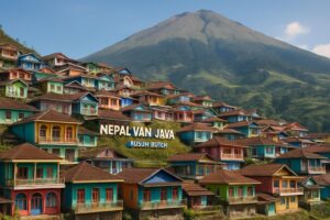 Dusun Butuh atau Nepal Van Java di lereng Gunung Sumbing, rumah-rumah warna-warni tersusun rapi di lereng bukit, suasana pedesaan yang unik.