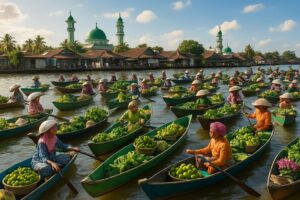 Pedagang di Pasar Terapung Siring Banjarmasin menjajakan dagangan di atas perahu