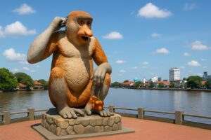 Patung Bekantan raksasa di tepi Sungai Martapura, Banjarmasin. 