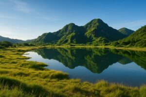 Pemandangan savana Ranu Manduro dengan danau dan padang rumput hijau yang menyerupai Afrika