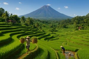 Pemandangan persawahan hijau di Wisata Sawah Sumber Gempong dengan latar belakang gunung