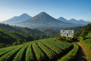 Pemandangan Silancur Highland dengan hamparan kebun sayur hijau, latar belakang enam gunung (Merapi, Merbabu, Sumbing, Sindoro, Prau, Telomoyo) yang jelas terlihat, suasana sejuk dan asri.