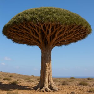 Close-up Pohon Darah Naga (Dracaena cinnabari) di Socotra.