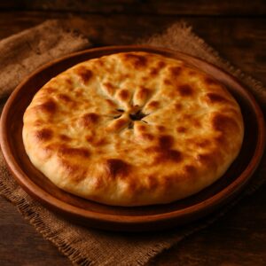 Kubdari, roti daging khas Svaneti Georgia, di atas piring kayu.