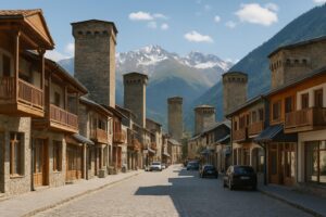 Jalan utama Mestia, Svaneti, dengan menara batu abad pertengahan di antara rumah-rumah.