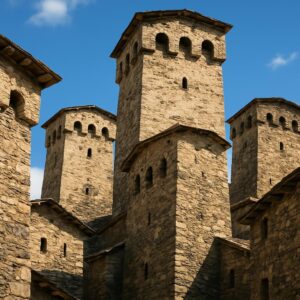 Menara pertahanan Svan yang kokoh di desa Ushguli, Georgia.